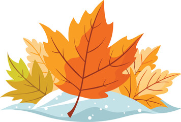 Fototapeta premium Leaves of various colors scattered on snow, representing the beauty of autumn transitioning into winter.