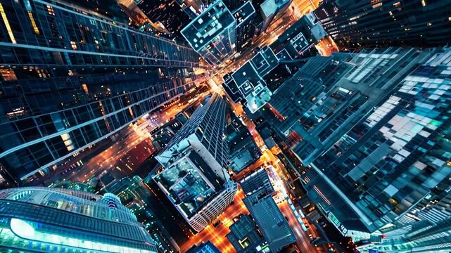 Cityscape Symphony: A breathtaking aerial view of a vibrant city at night, captured from a high-angle perspective, showcasing the intricate network of illuminated buildings and streets, evoking a sens