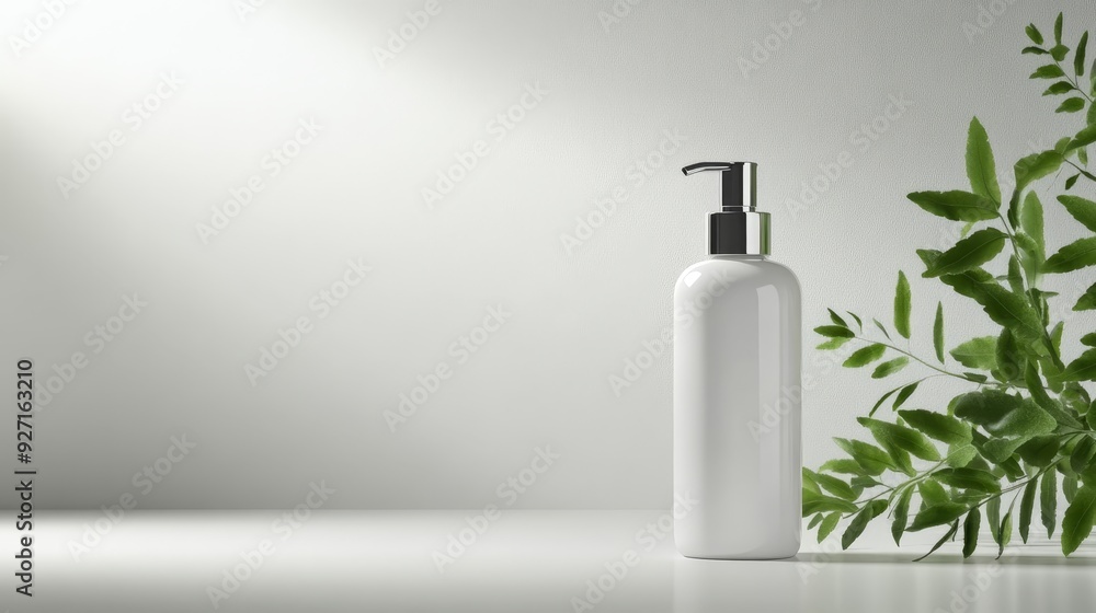 Wall mural Minimalist lotion bottle with green leaves