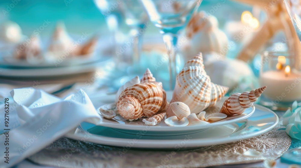 Poster a close-up of a seashell centerpiece on two white plates with a blurred blue background. the centerp