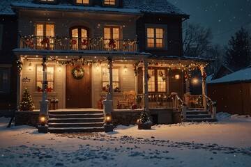 House decorated for Christmas outside. Vintage courtyard interior with stairs, porch, door and lights in windows. Winter christmas background