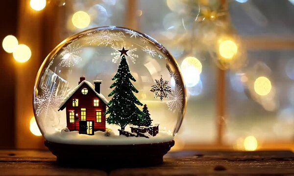 A delicate glass transparent Christmas ball with a tiny, sparkling fir tree, a cozy little house with glowing windows, and soft, fluffy snow inside