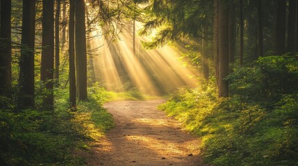 Fototapeta premium Tranquil Forest Path: Sunlight Dappled Through Trees