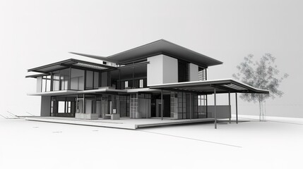 3D rendering of a modern house design with large windows and a covered patio.