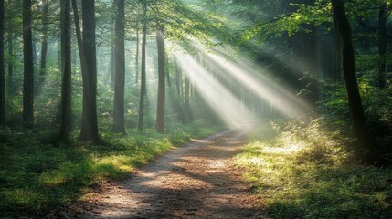 Fototapeta premium Sunlight Dappled Forest Trail: A Tranquil Escape