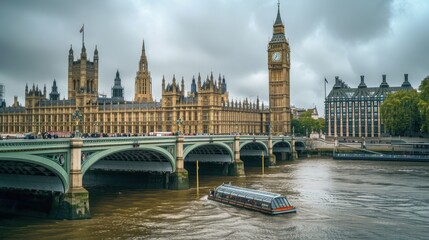 Naklejka premium A boat is traveling down the Thames River in London. The Houses of Parliament are on the left side of the river, and Big Ben is on the right side. The sky is overcast, and the river is brown and murky