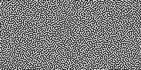 Abstract Turing organic wallpaper with background. Turing reaction diffusion monochrome seamless pattern with chaotic motion. Natural seamless line pattern. Linear design with biological shapes.