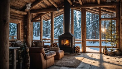  Interior view of a rustic wooden house with fireplace and windows with snow forest