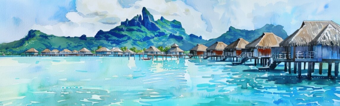 A watercolor painting depicts a picturesque scene in Bora Bora, showcasing several overwater bungalows with thatched roofs nestled amidst the turquoise lagoon. The distant mountains are covered in lus