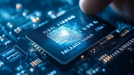 Closeup of credit card on electronic circuit board