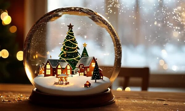 A delicate glass transparent Christmas ball with a tiny, sparkling fir tree, a cozy little house with glowing windows, and soft, fluffy snow inside