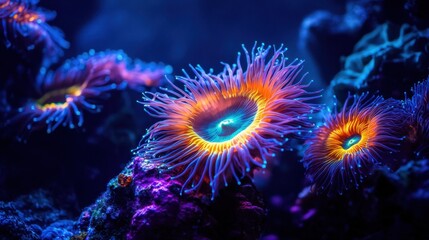 Fototapeta premium 3D render of anemones in a coral reef. Colorful neon lights, close-up, hyper-realistic, macro photography, shallow depth of field