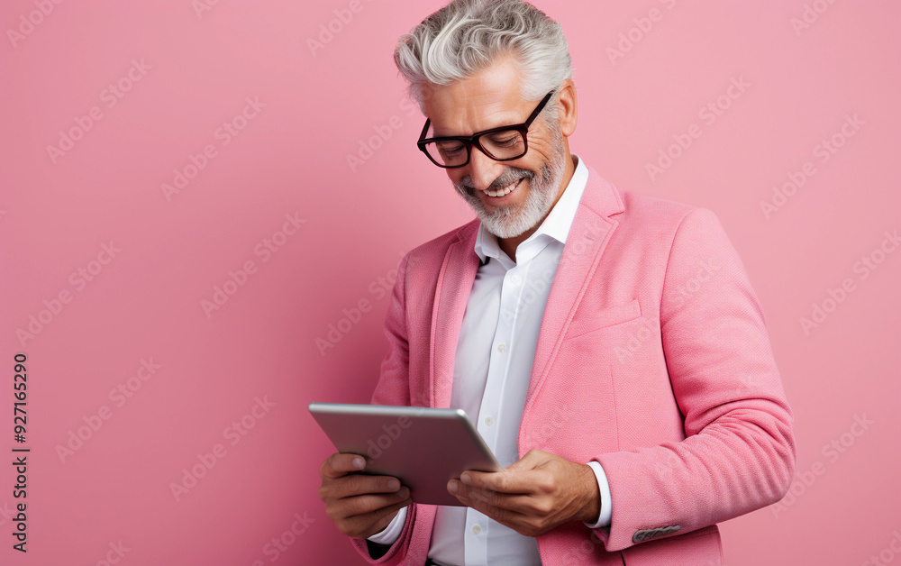 Poster a man in a pink suit is smiling and holding a tablet. he is enjoying himself while using the device
