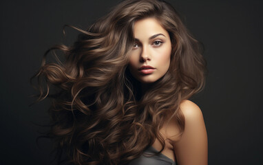 Fototapeta premium A woman with long brown hair is standing in front of a dark background. She has a serious expression on her face