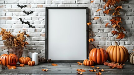 A black picture frame mockup with Halloween decorations on a table against a brick wall background, showcasing a Scandinavian home interior design for a Halloween holiday celebration.
