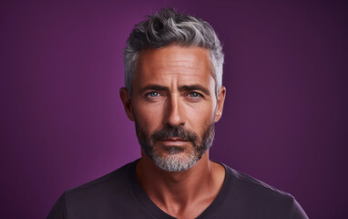 Fototapeta premium A man with a beard and gray hair is standing in front of a purple background. He has a serious expression on his face