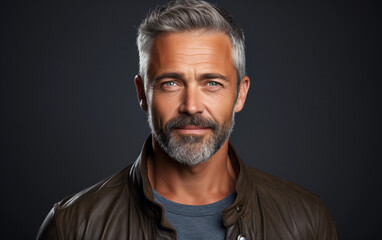 Fototapeta premium A man with a beard and gray hair is smiling. He is wearing a brown jacket and a blue shirt