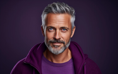 Fototapeta premium A man with a beard and gray hair is wearing a purple hoodie. He is smiling and looking at the camera