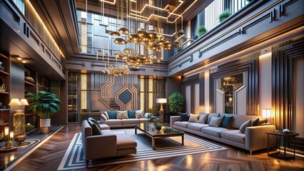 intricate futuristic circuitry patterns merged with luxurious high ceiling affluent residence atmospheric moody dramatic lighting soft warm pastel hues