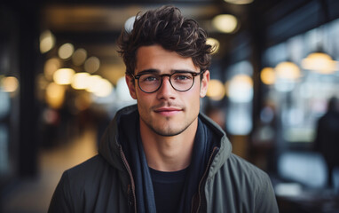 Fototapeta premium A man with glasses and a green jacket is smiling for the camera. He is standing in front of a building with a blurry background