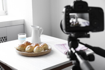 Shooting food with professional camera in photo studio, selective focus