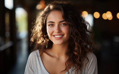 Obraz premium A woman with long hair is smiling and wearing a necklace. Concept of happiness and confidence