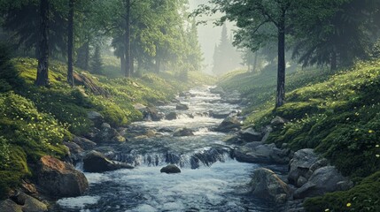 Obraz premium Serene Mountain Stream: Tranquility Amidst Rocks, Moss, and Trees