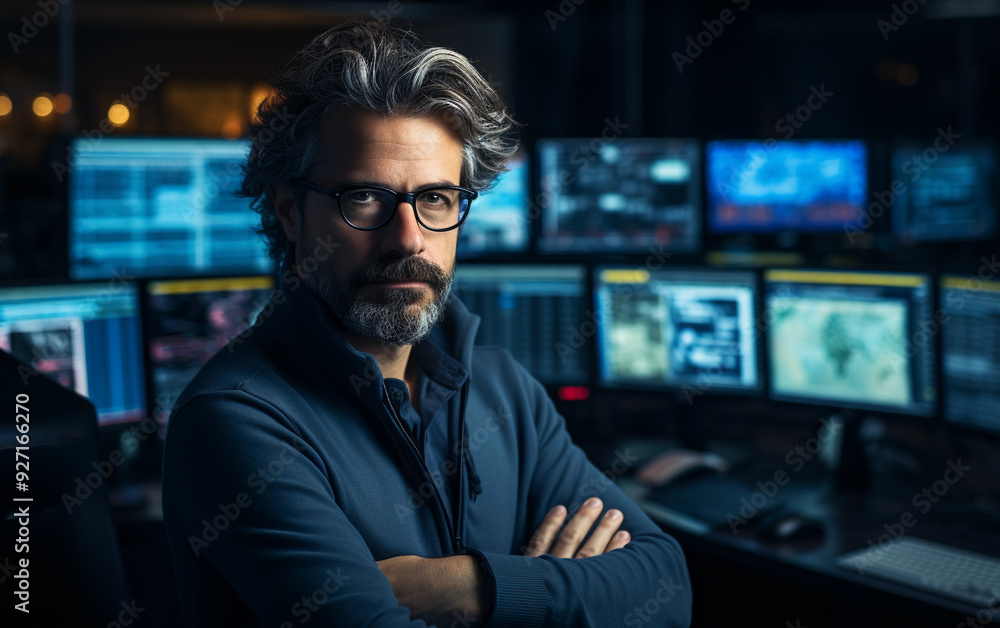 Aufkleber a man with glasses and a beard stands in front of a computer monitor with a serious expression on hi