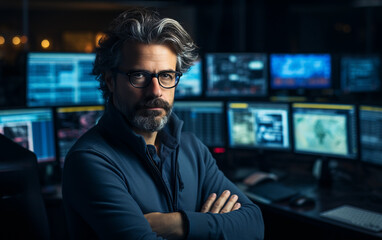 A man with glasses and a beard stands in front of a computer monitor with a serious expression on his face