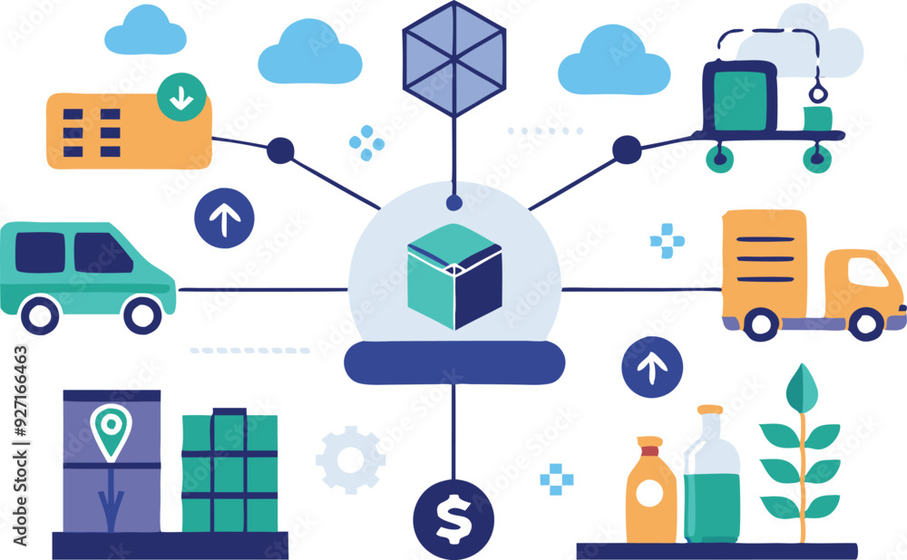 Poster a colorful depiction of various delivery methods and logistics elements connected in a supply chain 