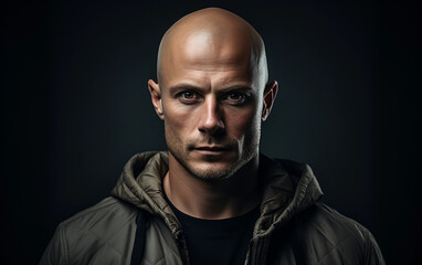 Obraz premium A man with a shaved head and a hooded sweatshirt. He has a serious expression on his face