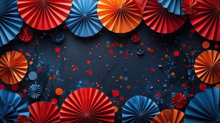 A Veterans Day banner design with paper fans in American flag colors and confetti on a black background.