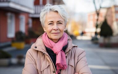 Fototapeta premium A woman wearing a pink scarf and a white jacket is standing on a sidewalk. She is smiling and looking at the camera