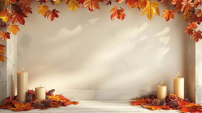 Elegant autumn decor with warmtoned leaves, candles, and cozy elements for a welcoming fall vibe