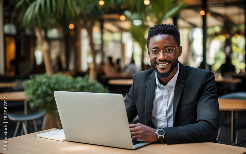 Aufkleber a man in a suit is sitting at a table with a laptop in front of him. he is smiling and he is enjoyin