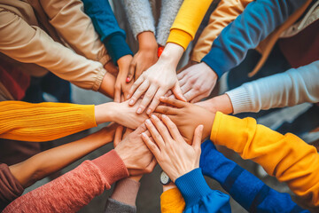 Diverse hands in circle signify unity, teamwork, and partnership. Concept of collaboration and cooperation.