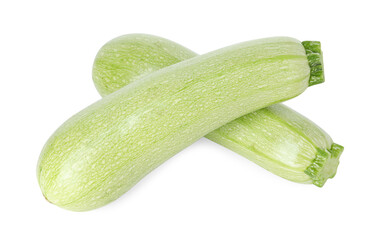 Two fresh ripe zucchinis isolated on white, above view