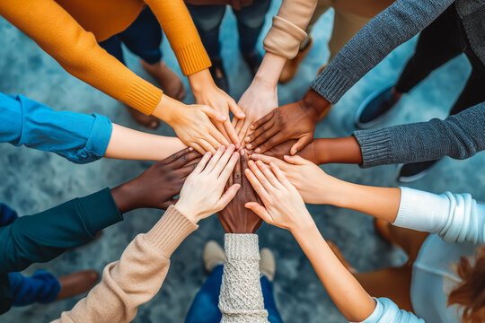 Diverse hands in circle signify unity, teamwork, and partnership. Concept of collaboration and cooperation.