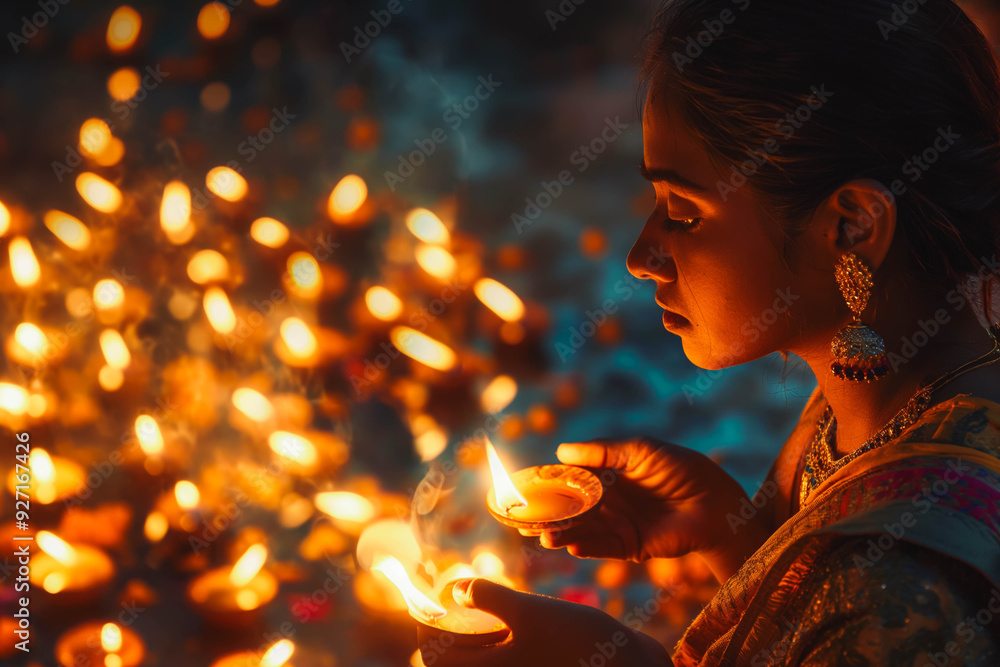 Wall mural burning candles at diwali festival at night in india