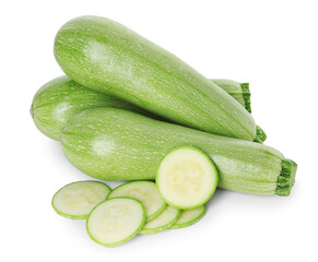 Fresh whole and cut zucchinis isolated on white, top view