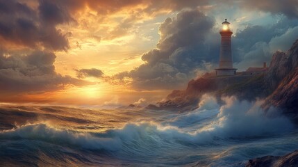 Lighthouse on Rugged Coastline: Breathtaking Ocean View with Crashing Waves