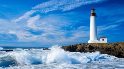 Lighthouse on Rocky Shore: Dramatic Waves Crashing Below