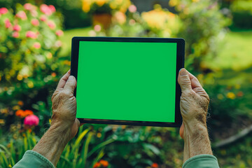 Elderly person using a green screen tablet in a garden.