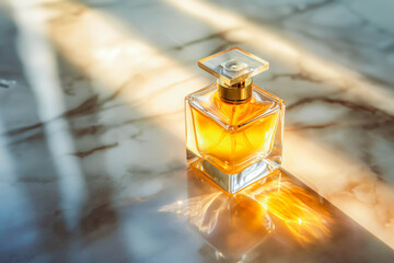 Elegant perfume bottle on marble surface with golden light. Luxury product branding.