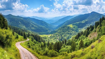 Obraz premium Serpentine Mountain Road Through a Verdant Forest: A Breathtaking View