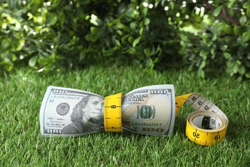 Budgeting. Dollar banknotes and measuring tape on green grass