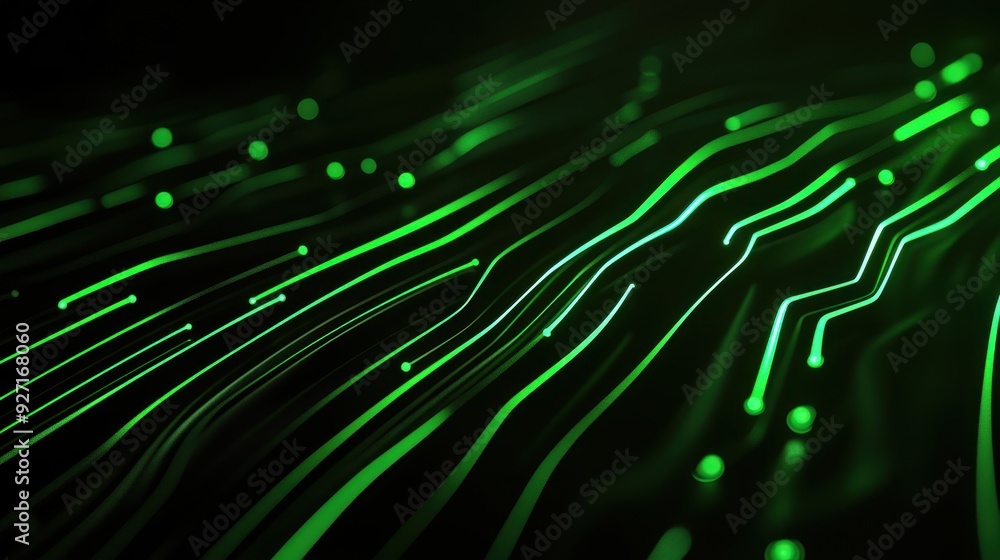 Poster a digital abstract design featuring flowing green lines and dots on a dark background.