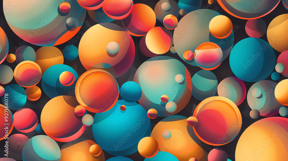 Poster an image of many colorful, round objects that seem to be floating. they are in different shades of o