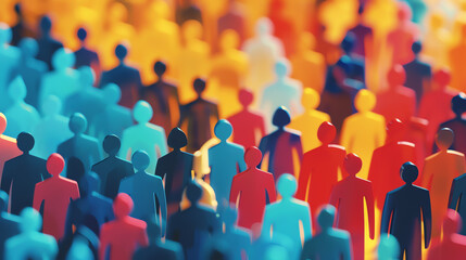 a group of small, colorful people with a red scale above them.