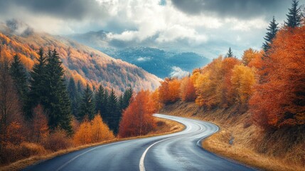 Autumn Splendor: Winding Mountain Road Through Vibrant Forest 1